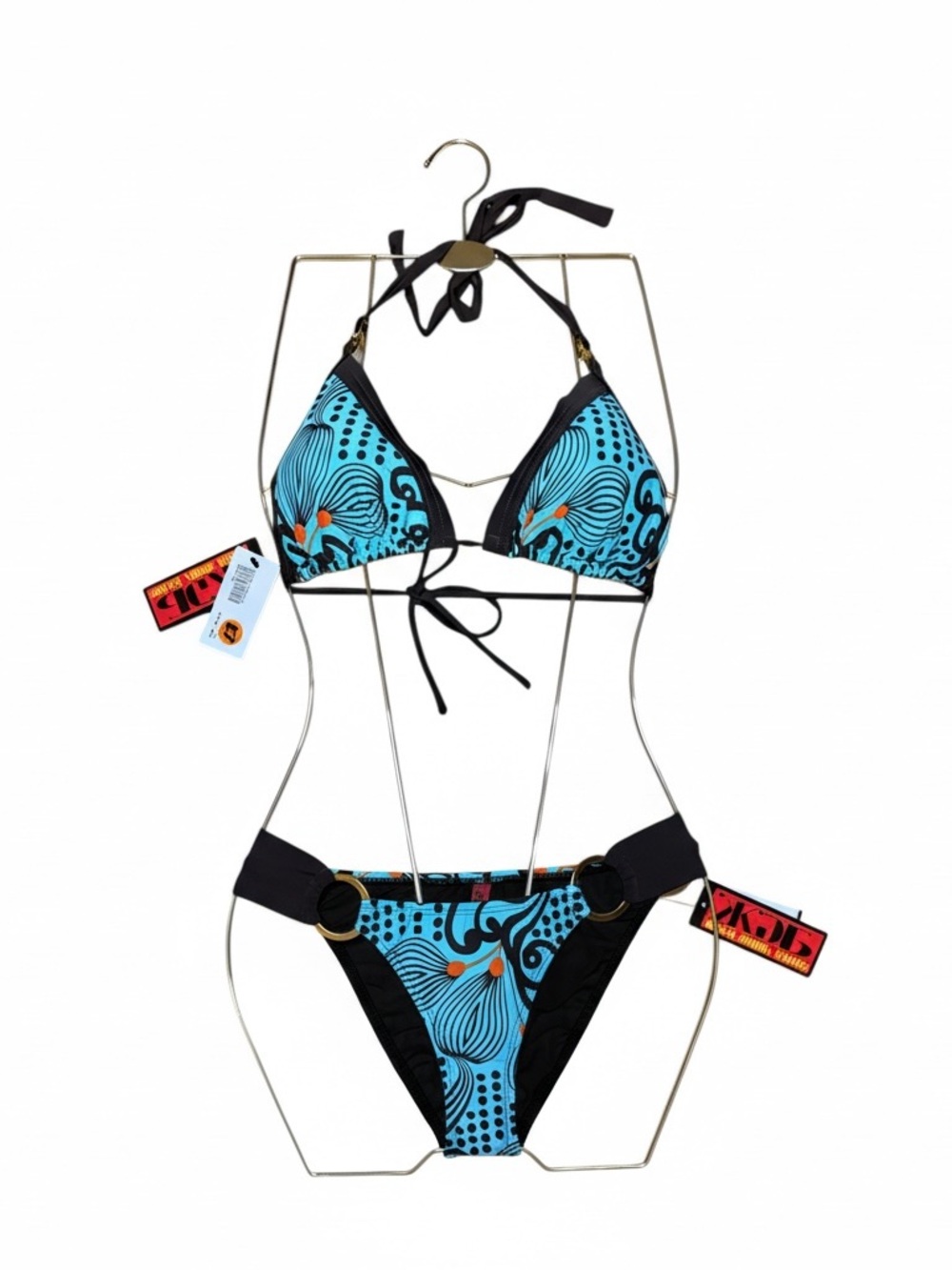 Blue Patterned 3 piece Triangle Bikini Set with Brown Trim - Women Swim